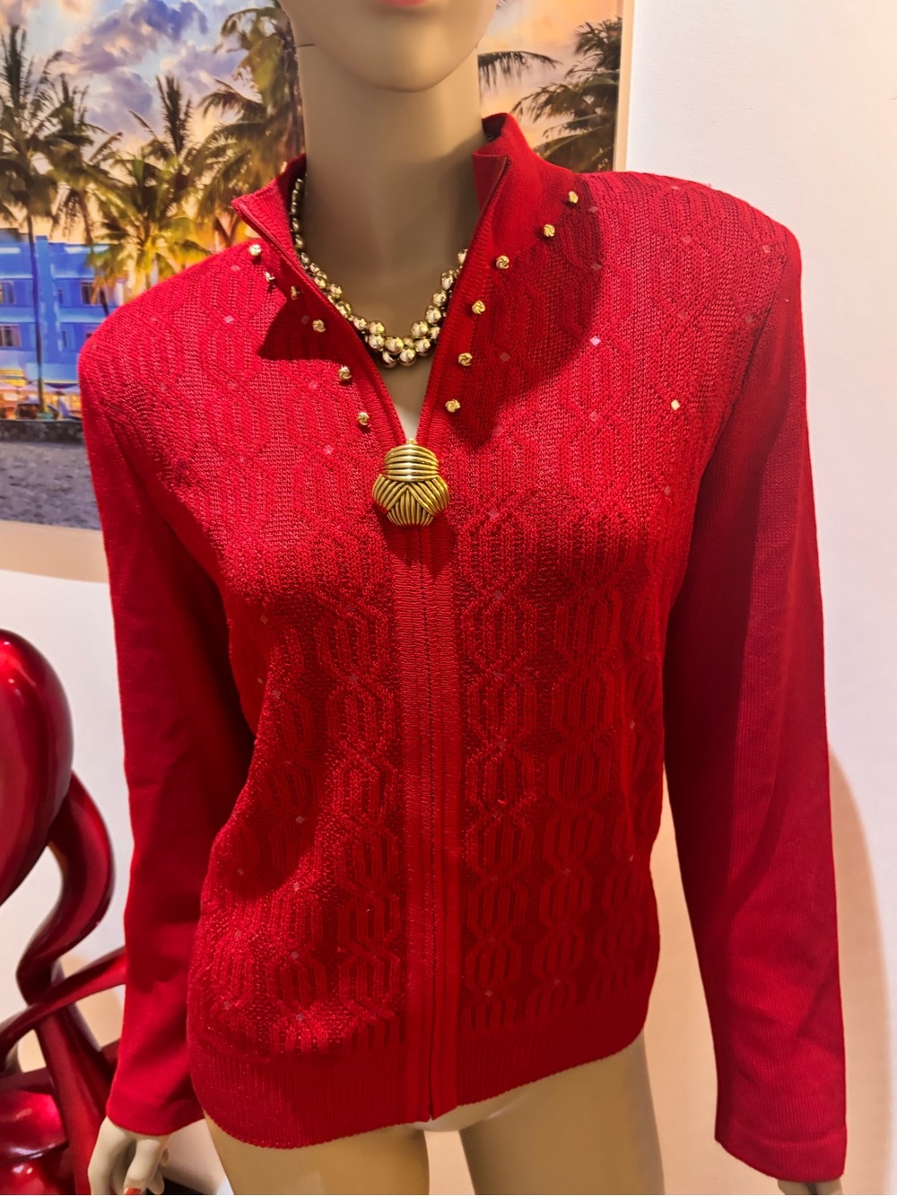St. John Red Zip-Front Knit Jacket with Gold-Tone Stud Detail 8 M
